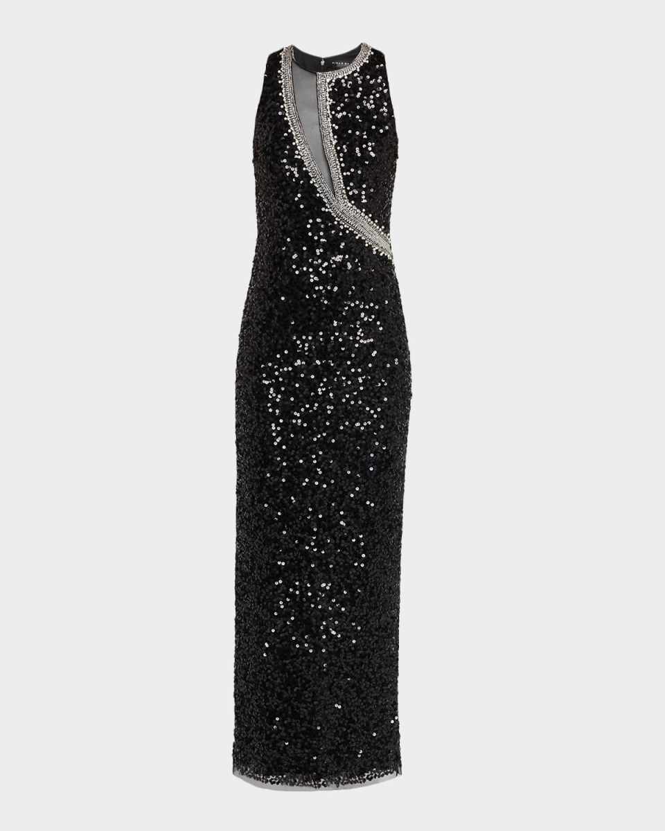 Bead-Trim Sequin Column Gown